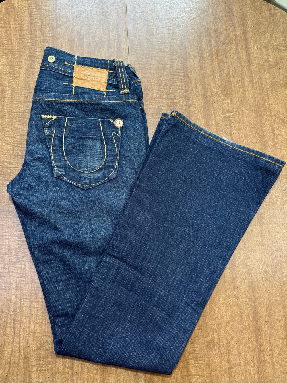 Vintage True Religion Julie Big T Suspender Low Rise Flare Jeans Size 29 USA Y2K